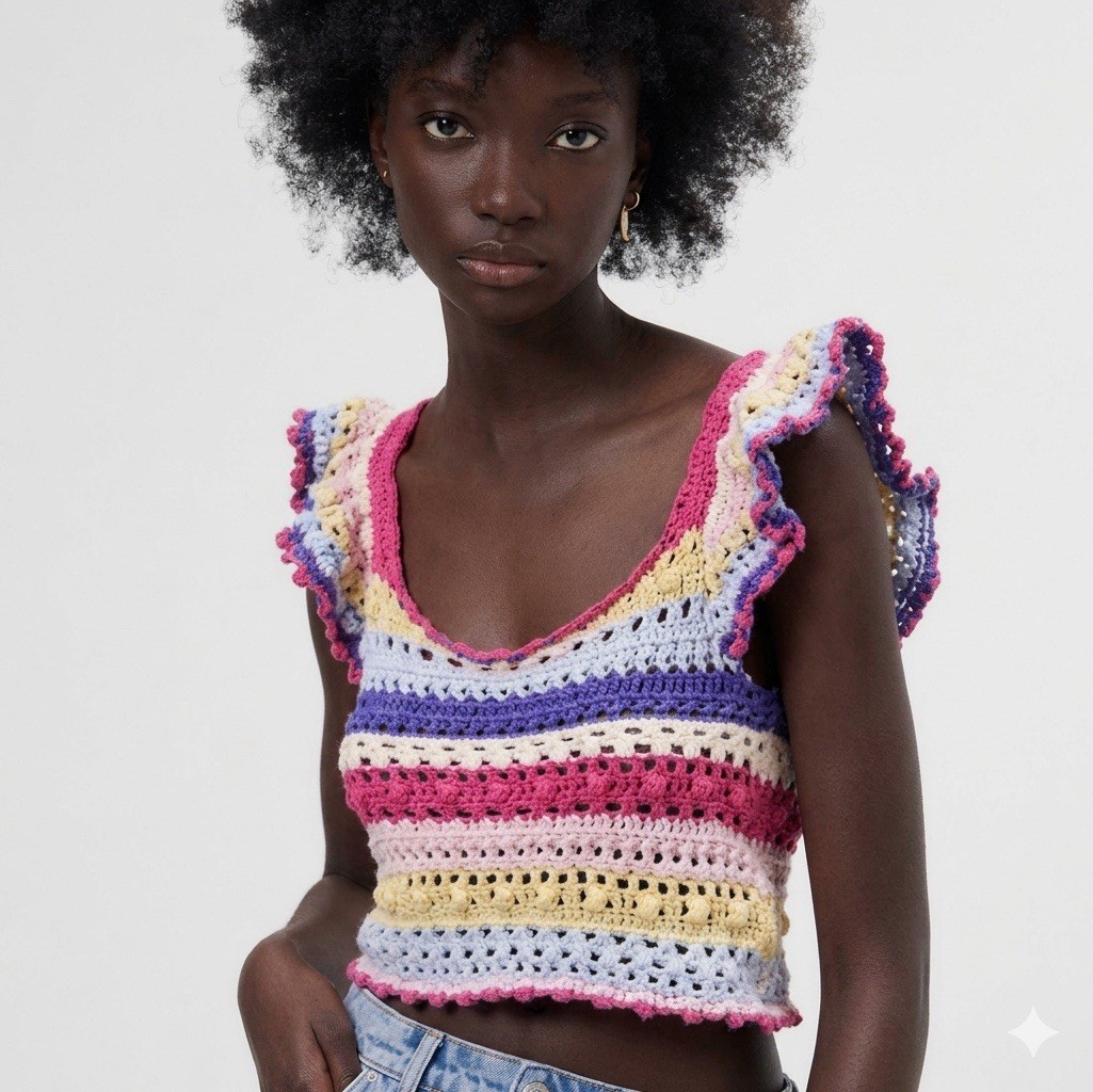 Zara Multicolor Crochet Ruffle Tank Top – Pink, Purple, Yellow, Cream, small