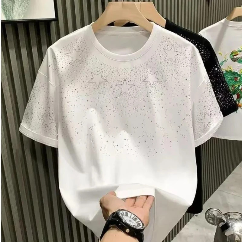 Summer Rhinestone Rivet T-shirt for Men Clothing Round Neck Casual T-shirt