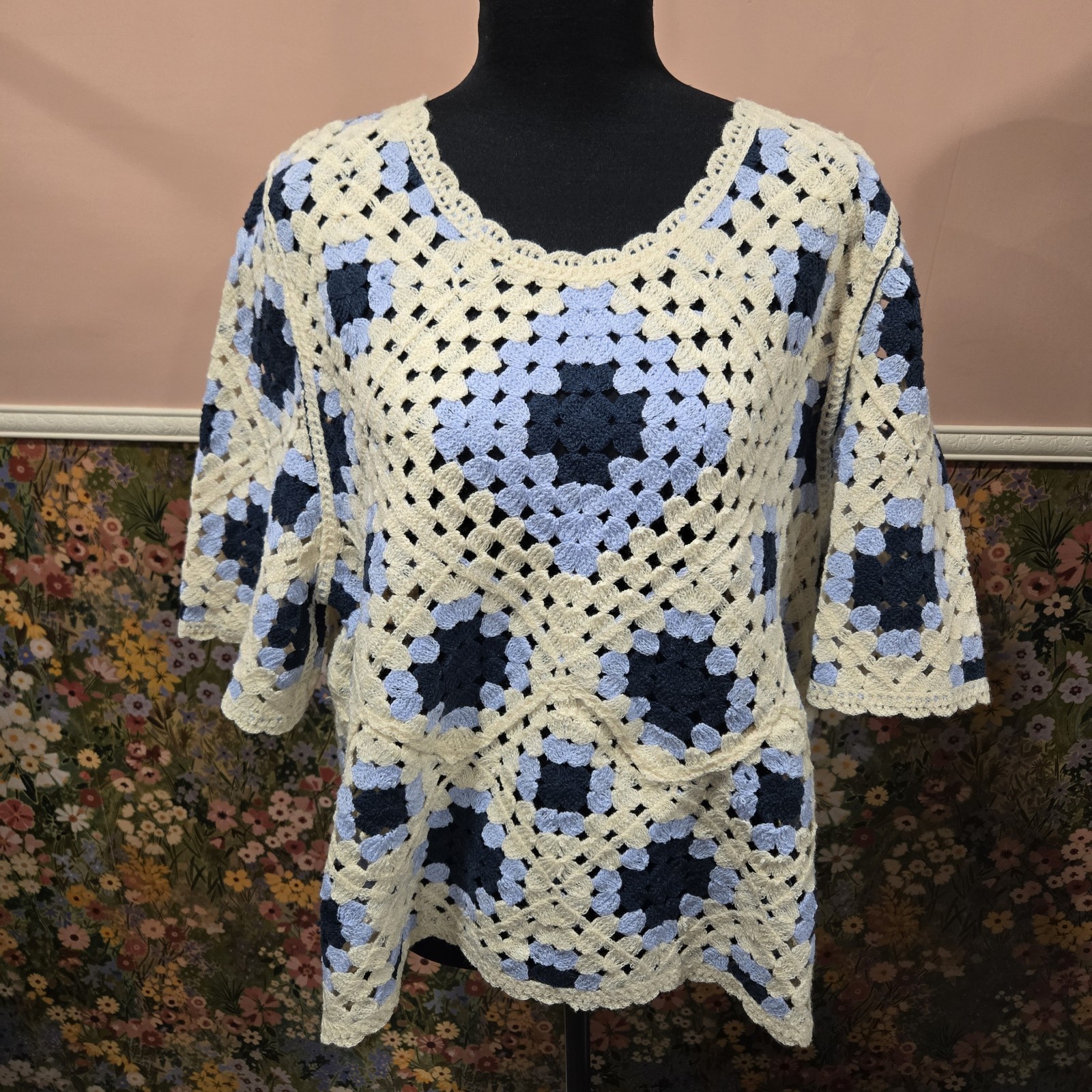 POL Crochet Granny Square Top Blue Cream Oversized Boho Festival One Size NWT