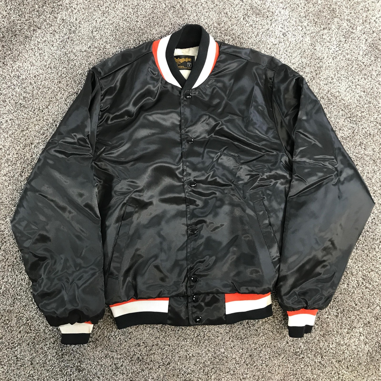 Vintage Swingster Jacket Mens Small Black Satin Quilted Lined Varsity Bomber USA