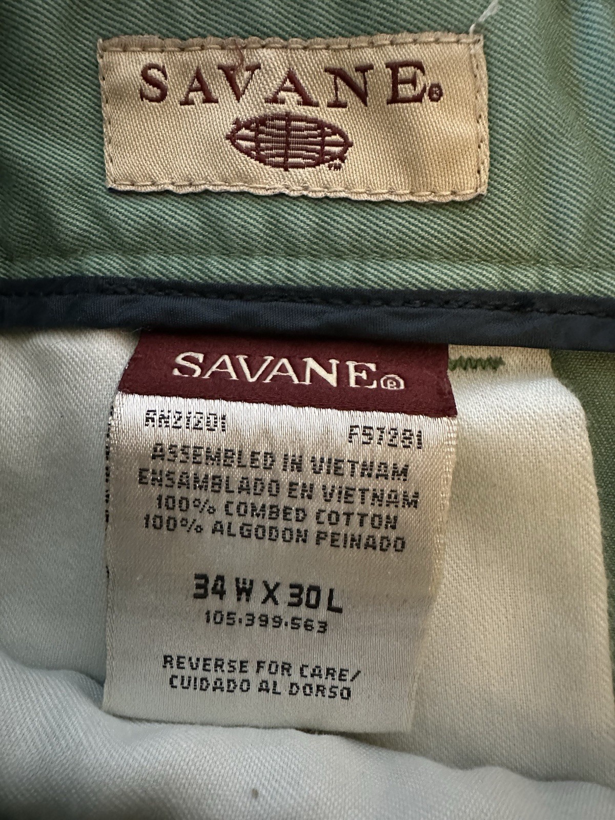 Savane Mens Comfort Summer Pants 34X30 100 Percent Cotton Green Preowned