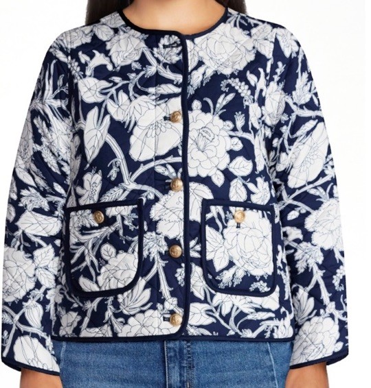 Navy Floral Grandmacore Quilted Midweight Cotton Cottagecore L Button Up Jacket
