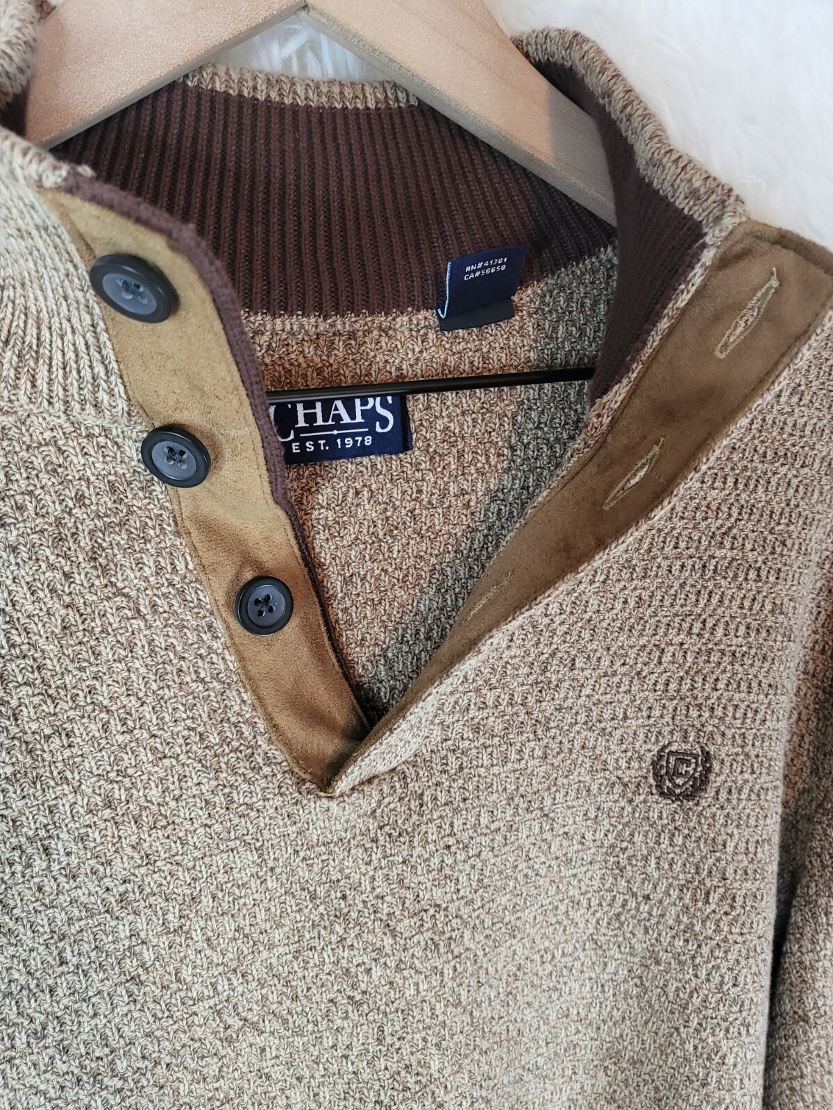 Chaps Mens Cardigan Sweater Henley Elbow Pads Size XL Tan