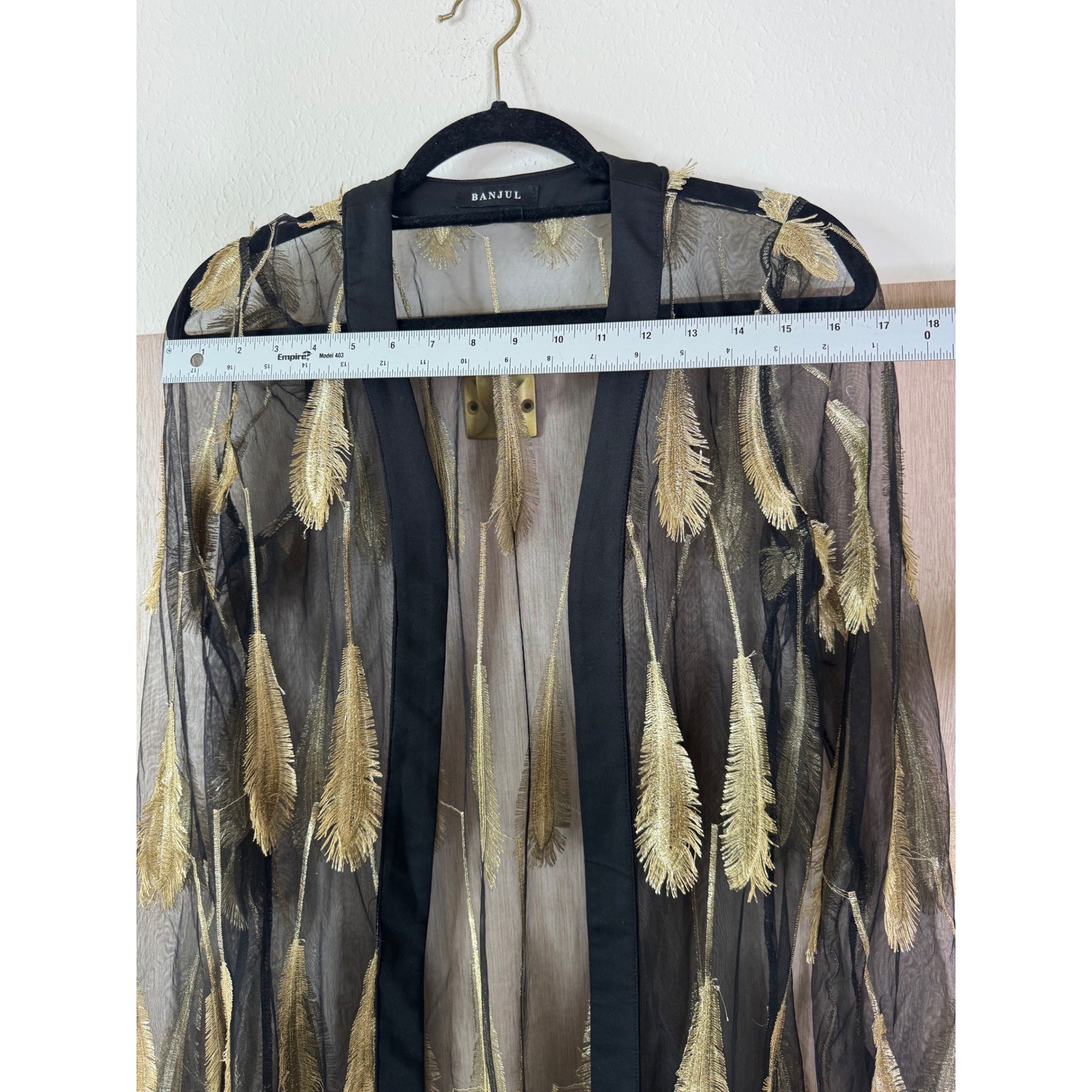 Banjul Black Sheer Gold Thread Textured Feather Design Duster Jacket Women OS