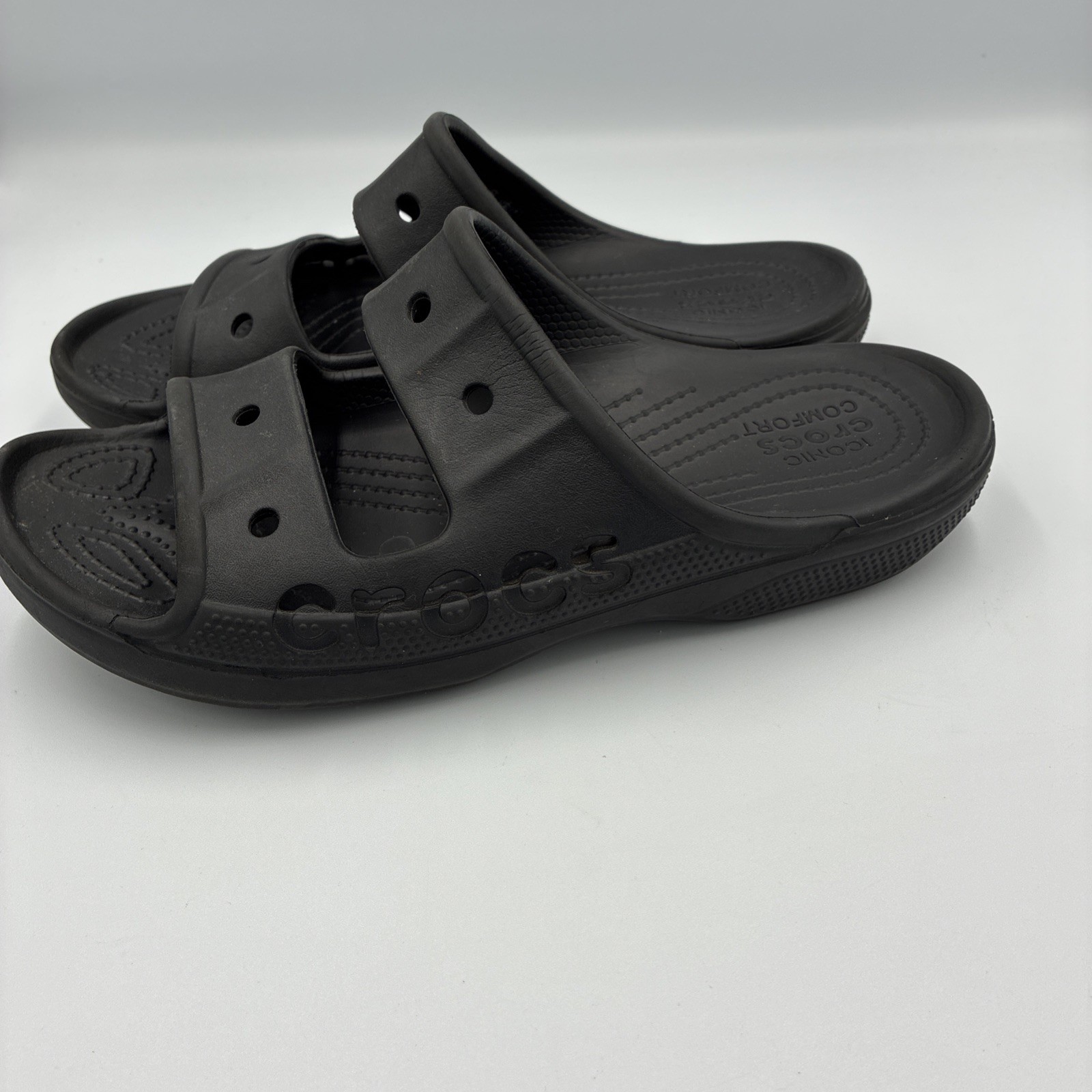 Crocs Baya Slide Sandals Unisex M7 W9 Black Comfort Double Strap Slip On EUC