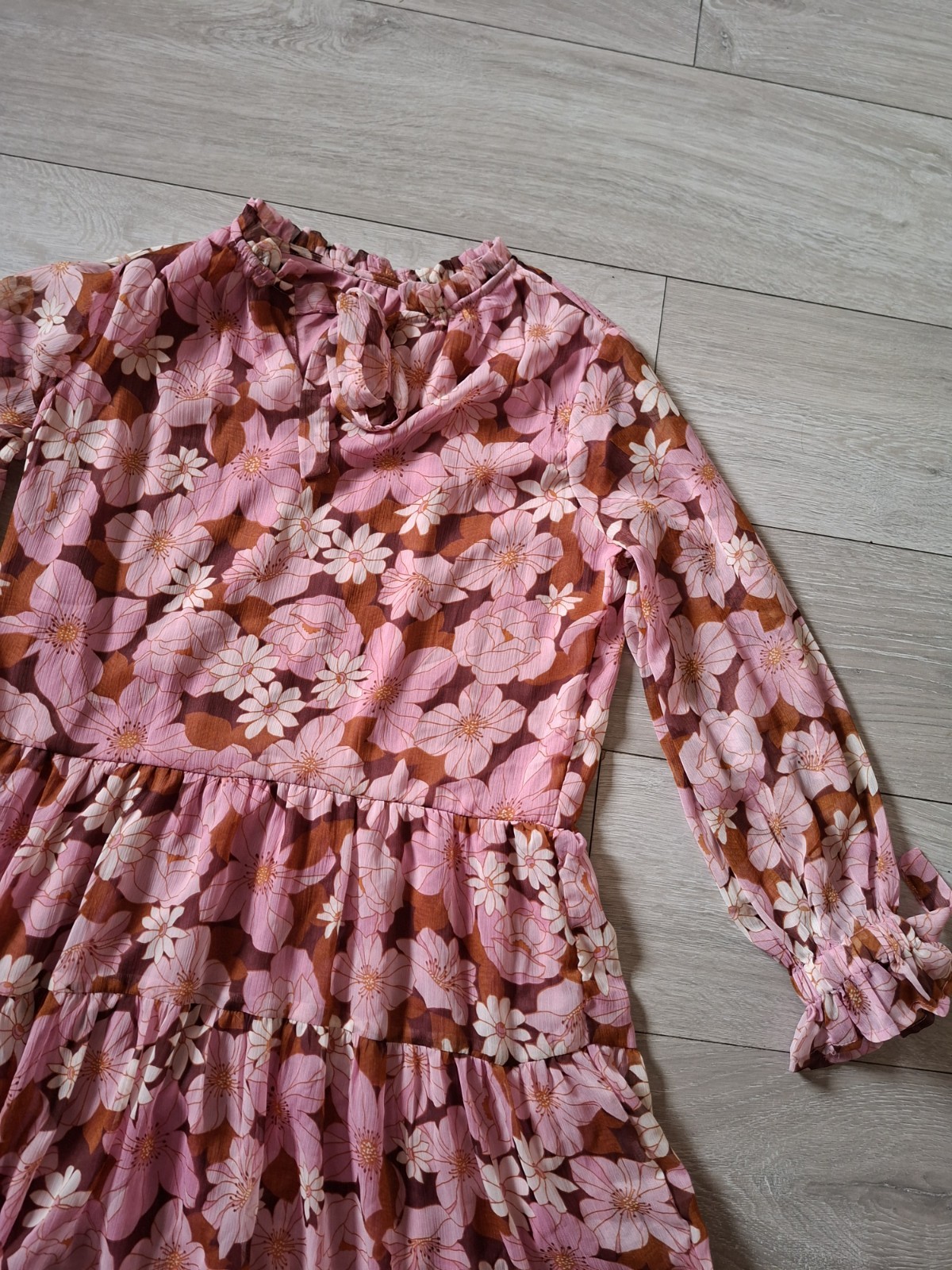 Brown & Pink Floral Flared Smock Dress Tiered Frill Party Sheer Boho Retro UK14