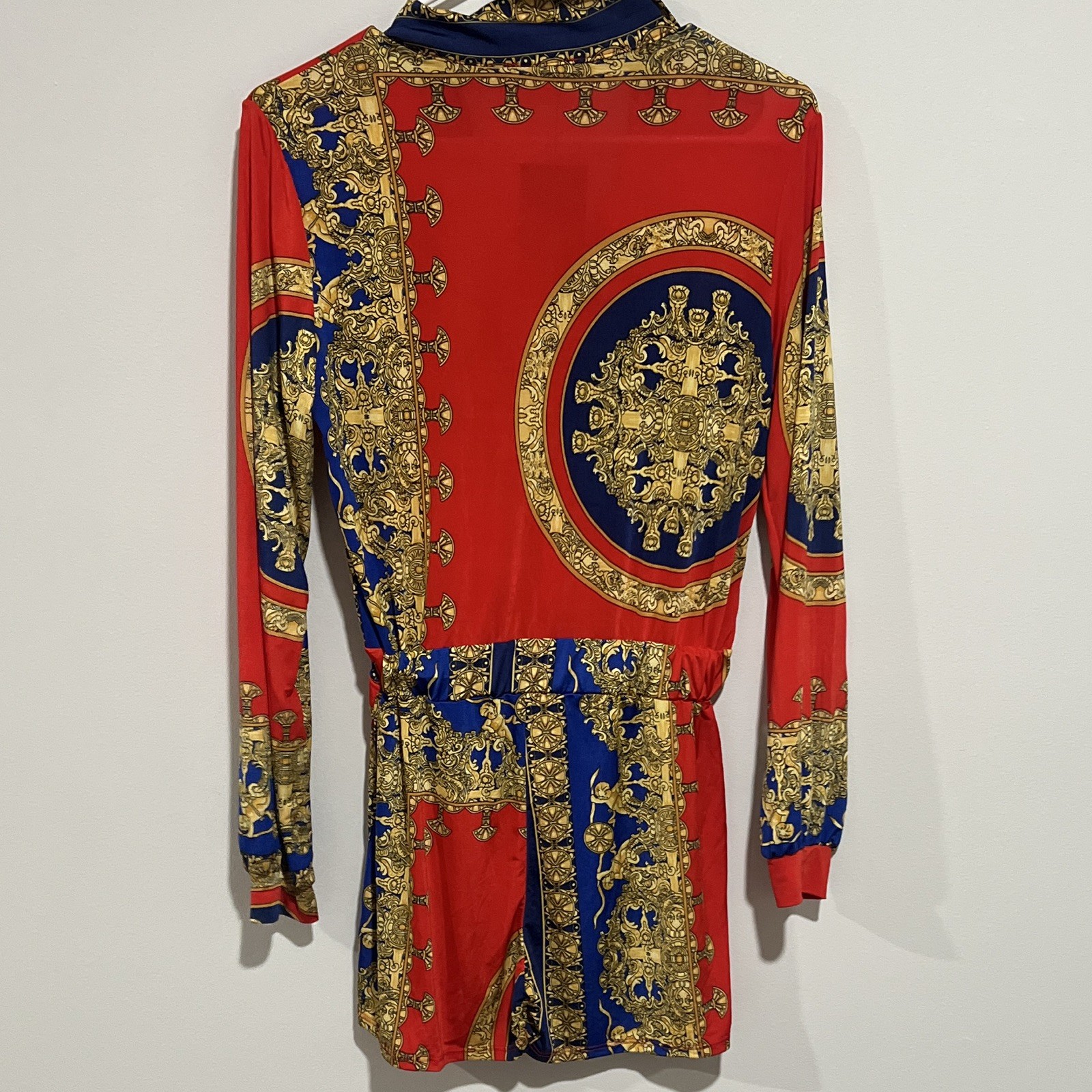 Fashion Nova Baroque Print Long Sleeve Collared Romper Red Combo Size S J10650