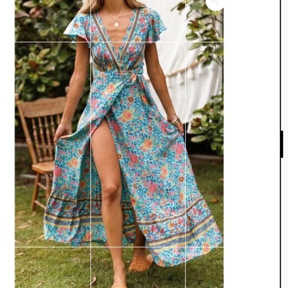 Pretty Garden Floral Wrap Maxi Dress, Womens M Blue Flutter Sleeves Romantic