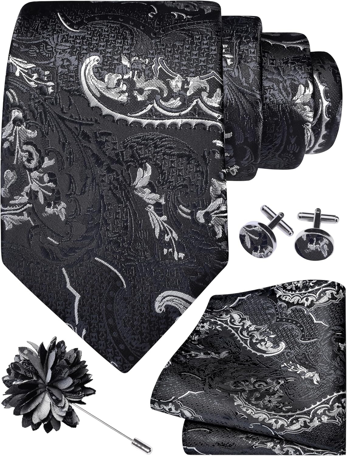 8Cm Paisley Tie Set for Men Necktie Lapel Pin Pocket Square Cufflinks Set for Me