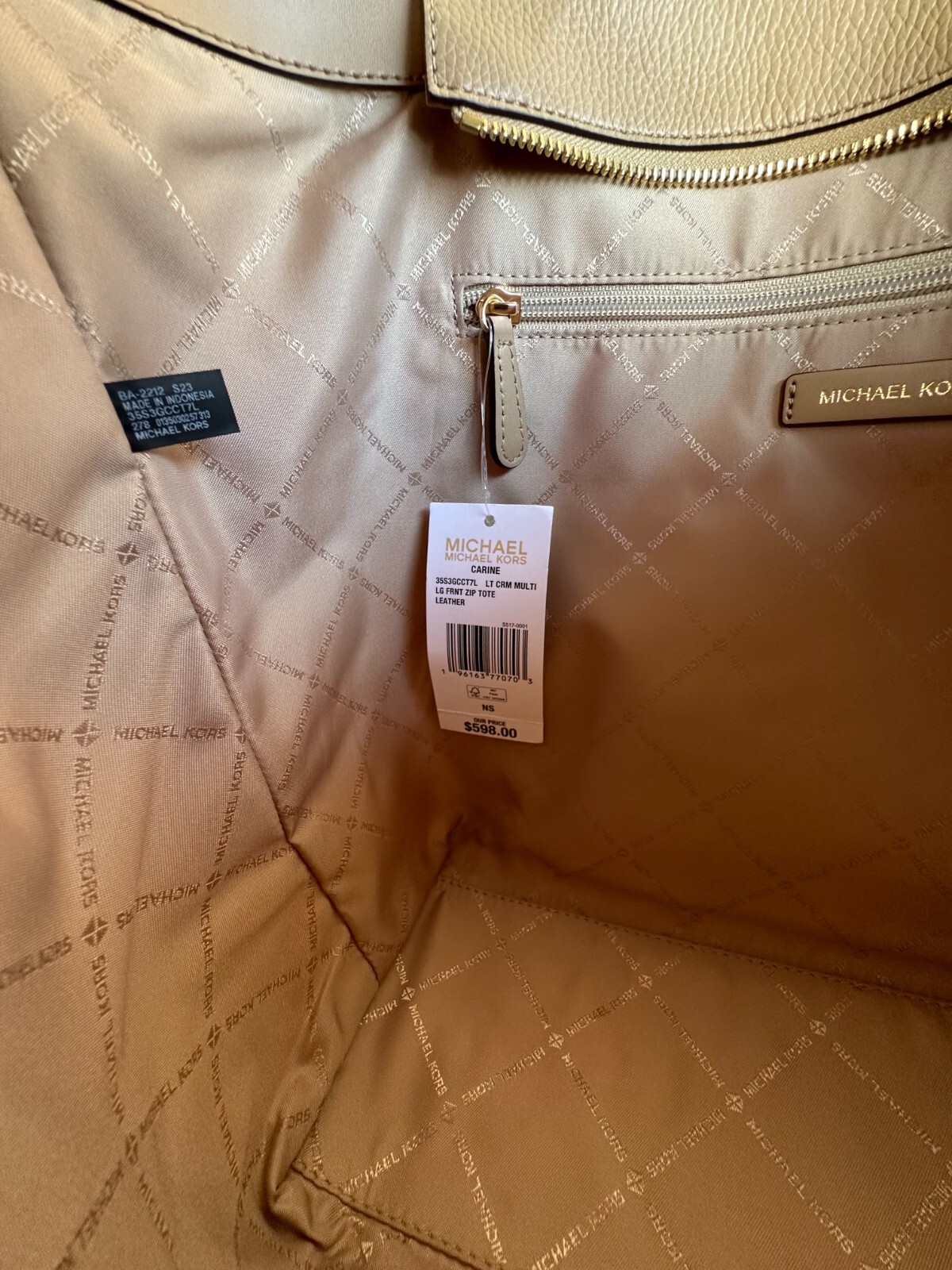 MICHAEL KORS CARINE LARGE FRONT POCKET SHOULDER TOTE BAG MK LIGHT CREAM MULTI