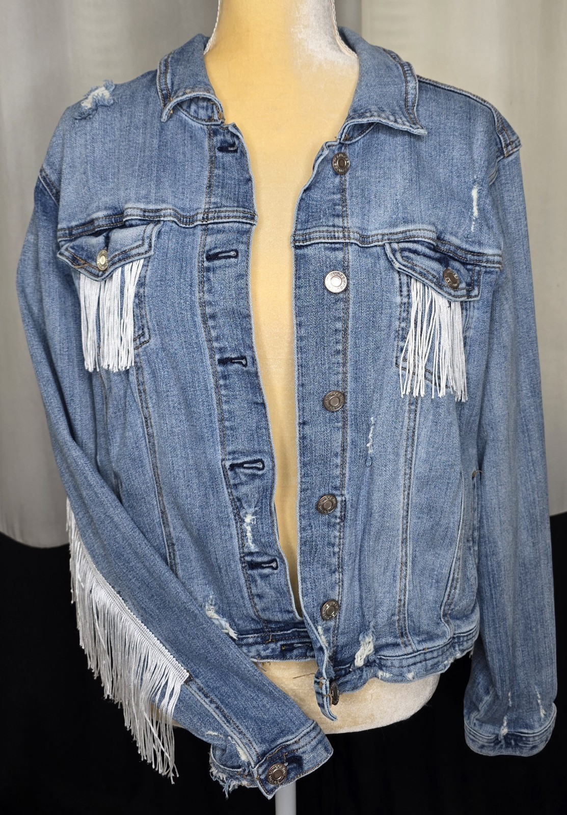 Distressed Fringe Denim Jacket L Y2K Boho Western Statement Cowgirl Vibes Rodeo