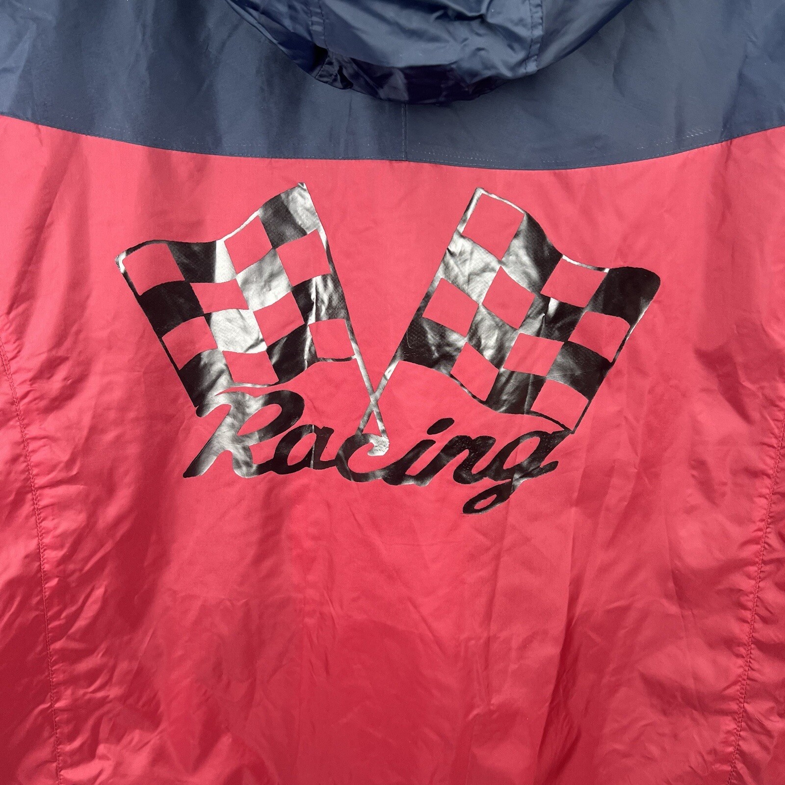 Auburn Sportswear Windbreaker Jacket Mens XL Blue Red Racing Checkered Flag Hood
