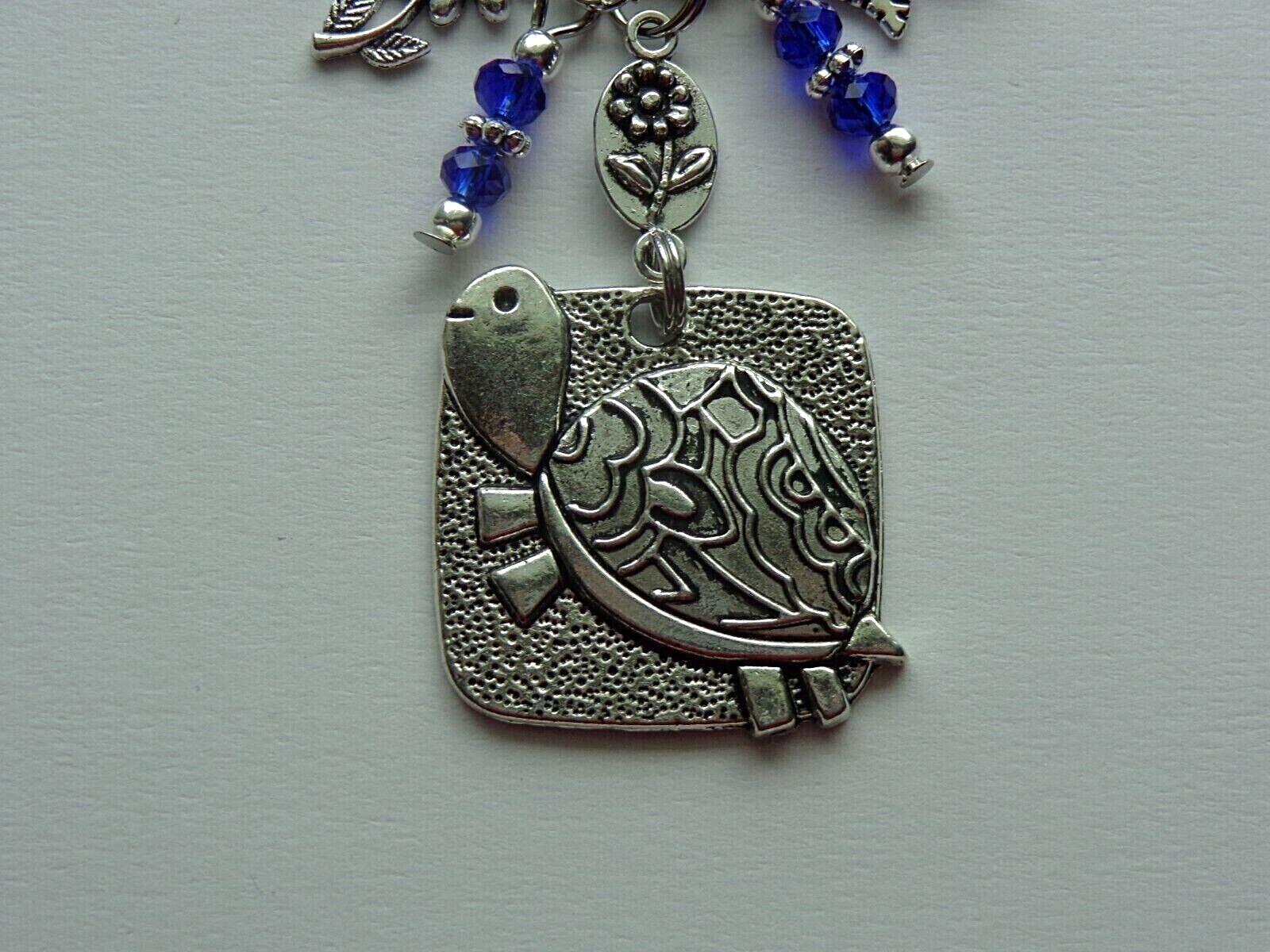 TURTLE FLOWERS BLUE CRYSTAL BEADS KEY CHAIN PURSE CLIP BAG CHARM FOB DANGLE