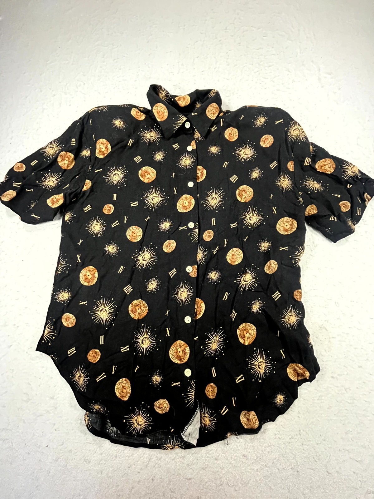 VTG Robert Stevens Blouse Womens XL Black Celestial Button Up Padded Shoulders
