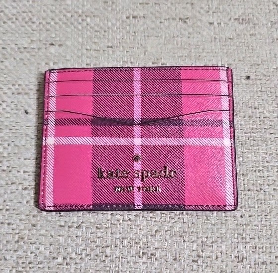 KATE SPADE PLAID SLIM CARD HOLDER CASE “STACI” BRIGHT ROSE RED & BLACK NEW!