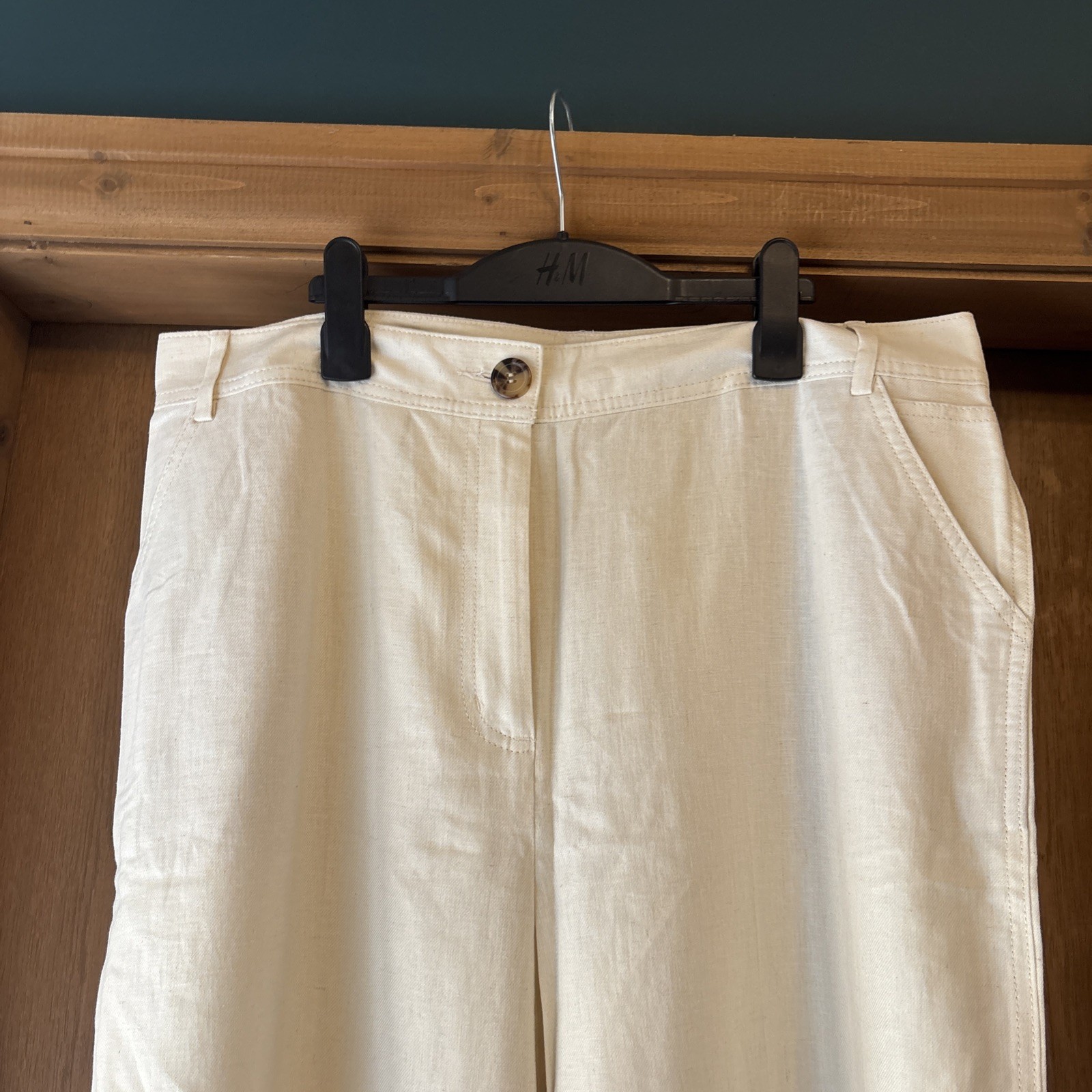 BNWOT Marks & Spencer Beige Linen Mix Wide-Leg tailored Trousers Size 16 Long