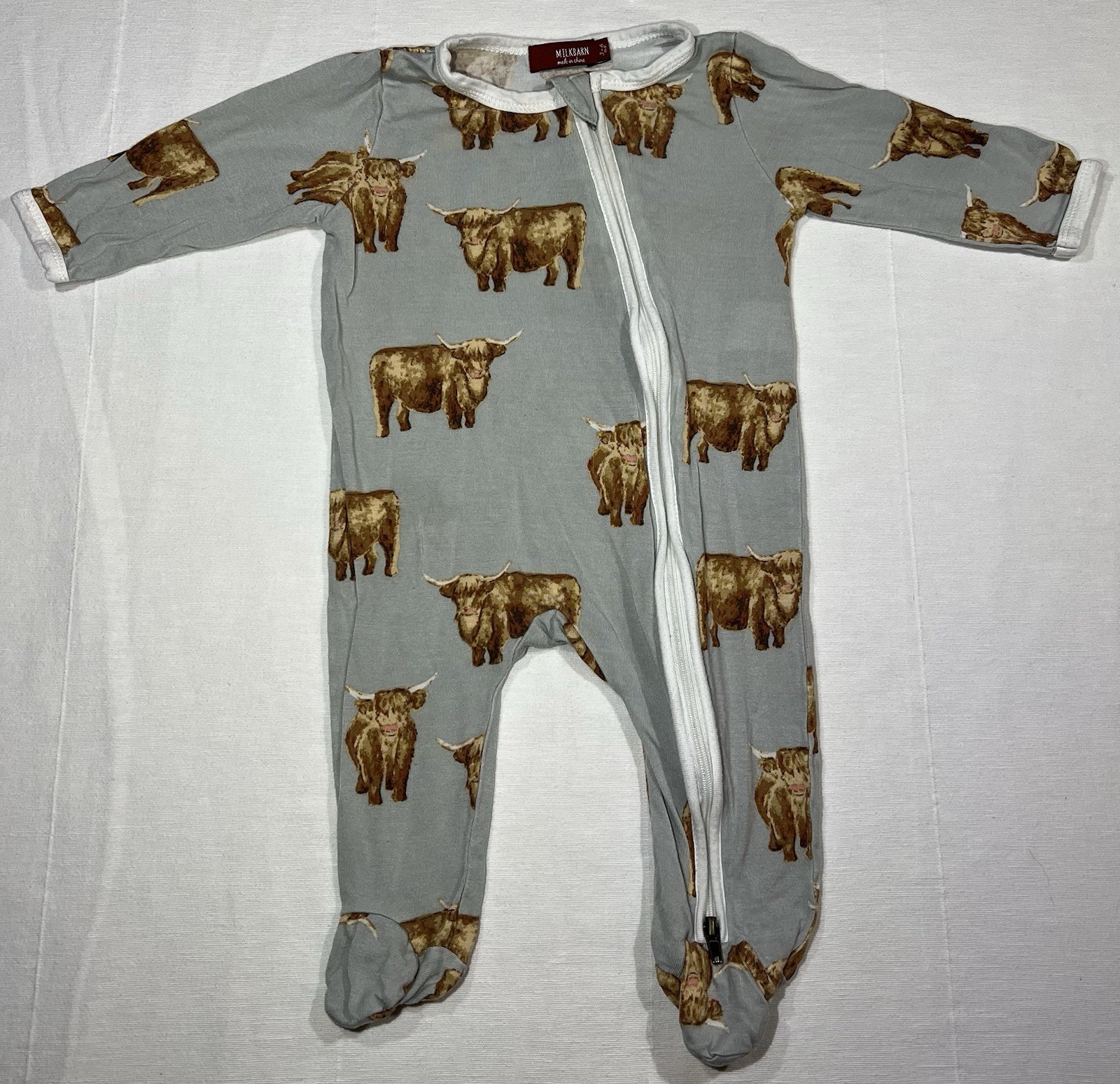 MILKBARN 3-6M Knit Zip Footed Sleeper Gray Brown White Cow Animal Print