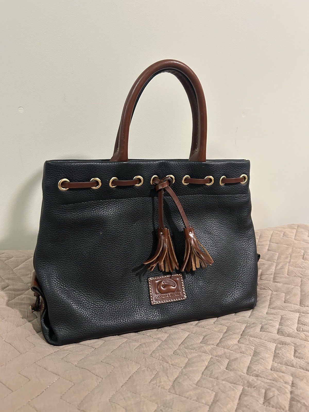 Dooney & Bourke Black Pebbled Satchel Top Handle Drawstring Tassel, Strap