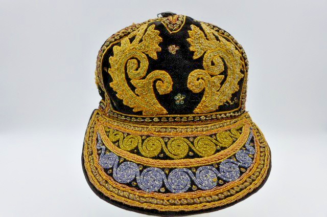 Vintage Myanmar Burma Beaded Embroidered Velvet Hand Made Caps Black & Gold (2)