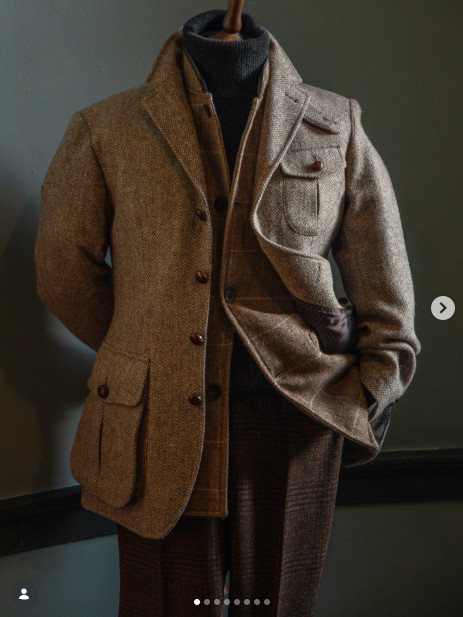 Brown Tweed Men’s Herringbone Suit Safari Jacket Urban Versatile Hunting Coat