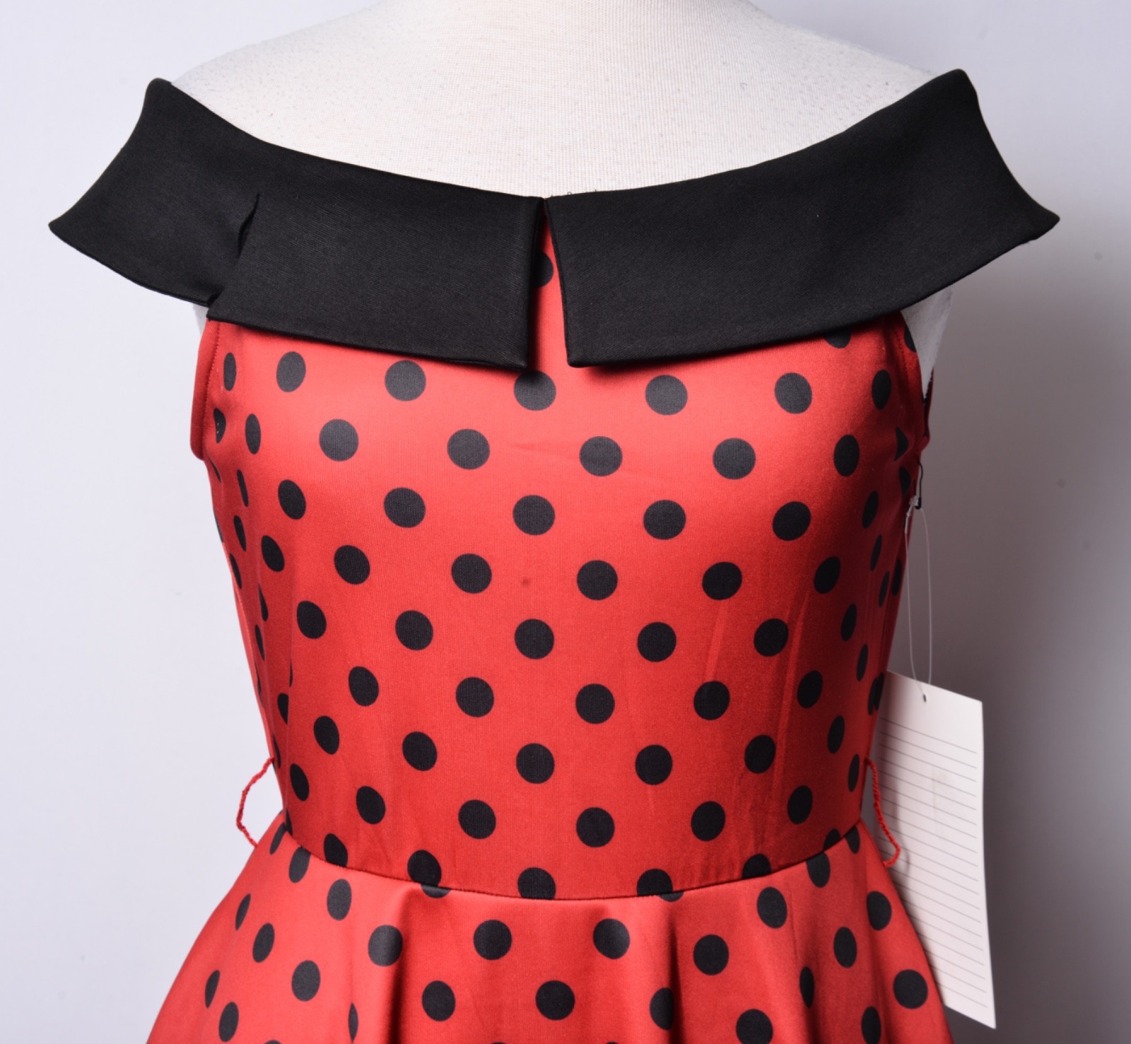 UNIQUE VINTAGE RED & BLACK DOT OFF THE SHOULDER SWING DRESS – NEW – REG & PLUS