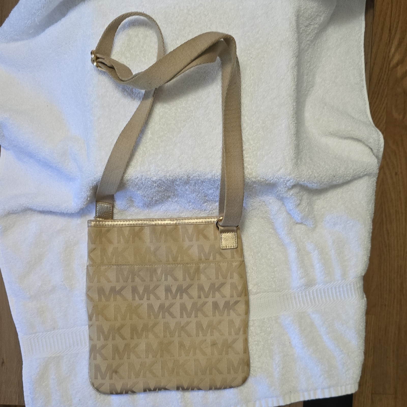 Michael Kors Beige MK Monogram Small Crossbody Bag Zip Pocket Gold Hardware