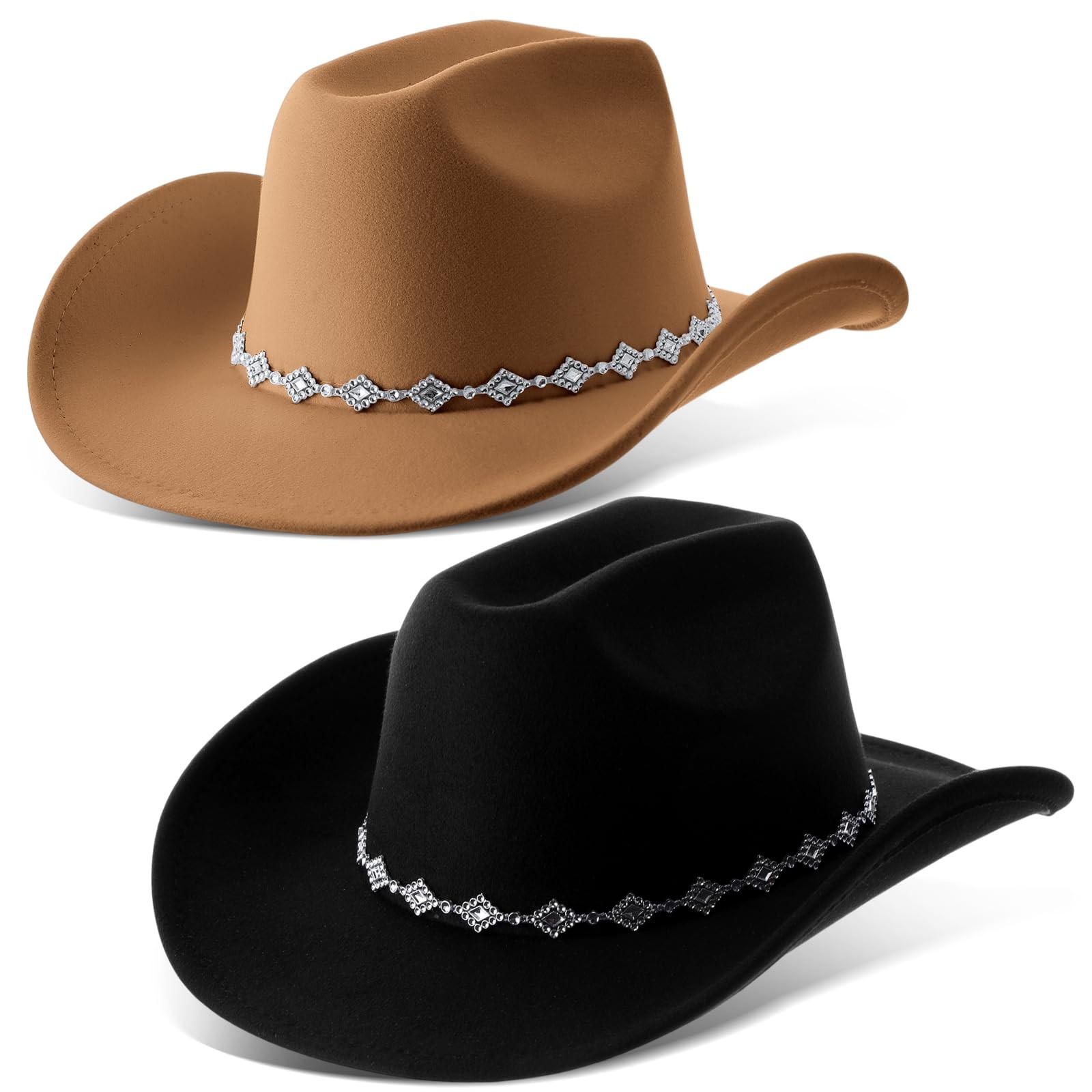 2 Pcs Western Cowboy Hat for Women and Men Classic Felt Wide Brim Cowgirl Hat…