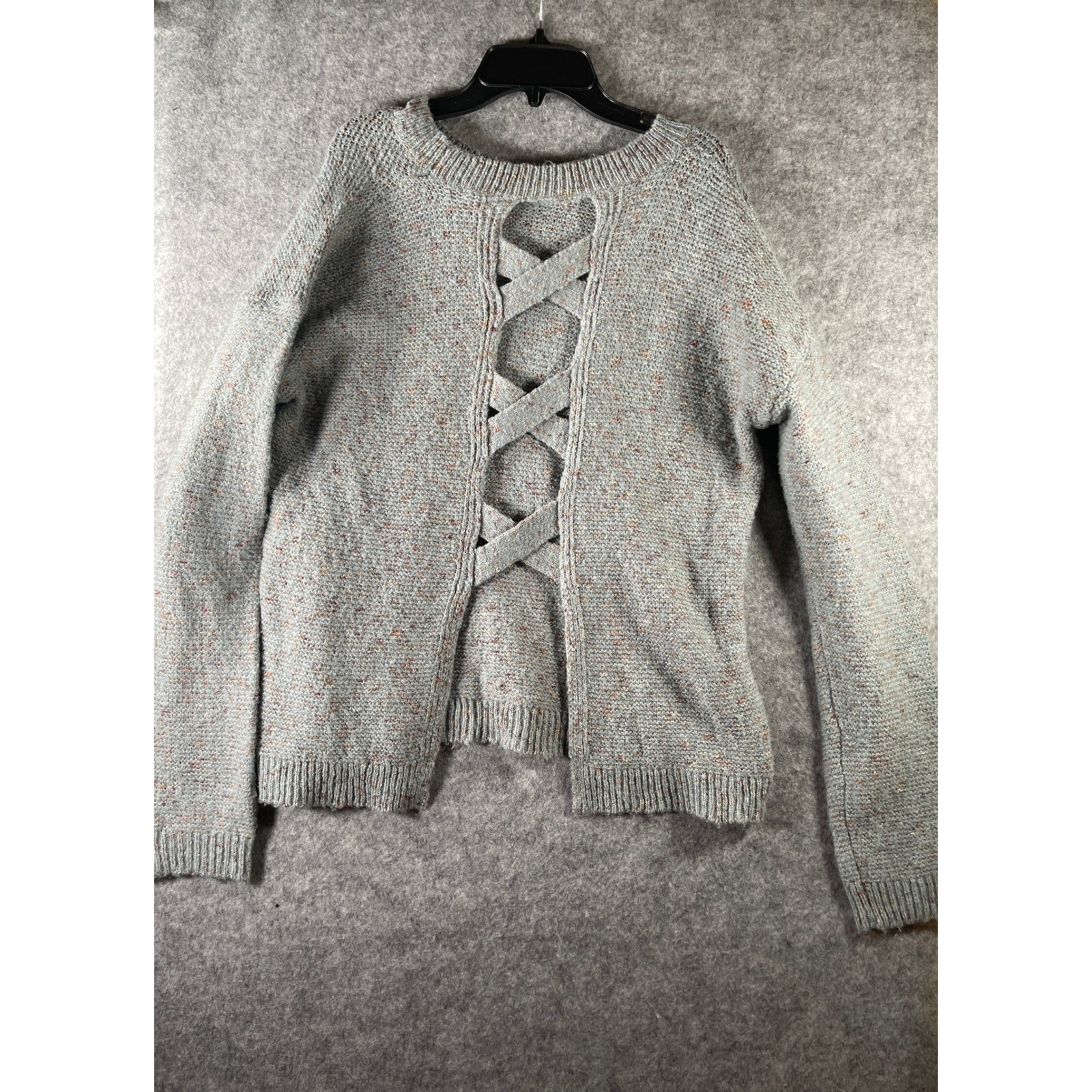 Grey Marl Lattice Back Knit Sweater Confetti Fleck Pullover Long Sleeve Crewneck