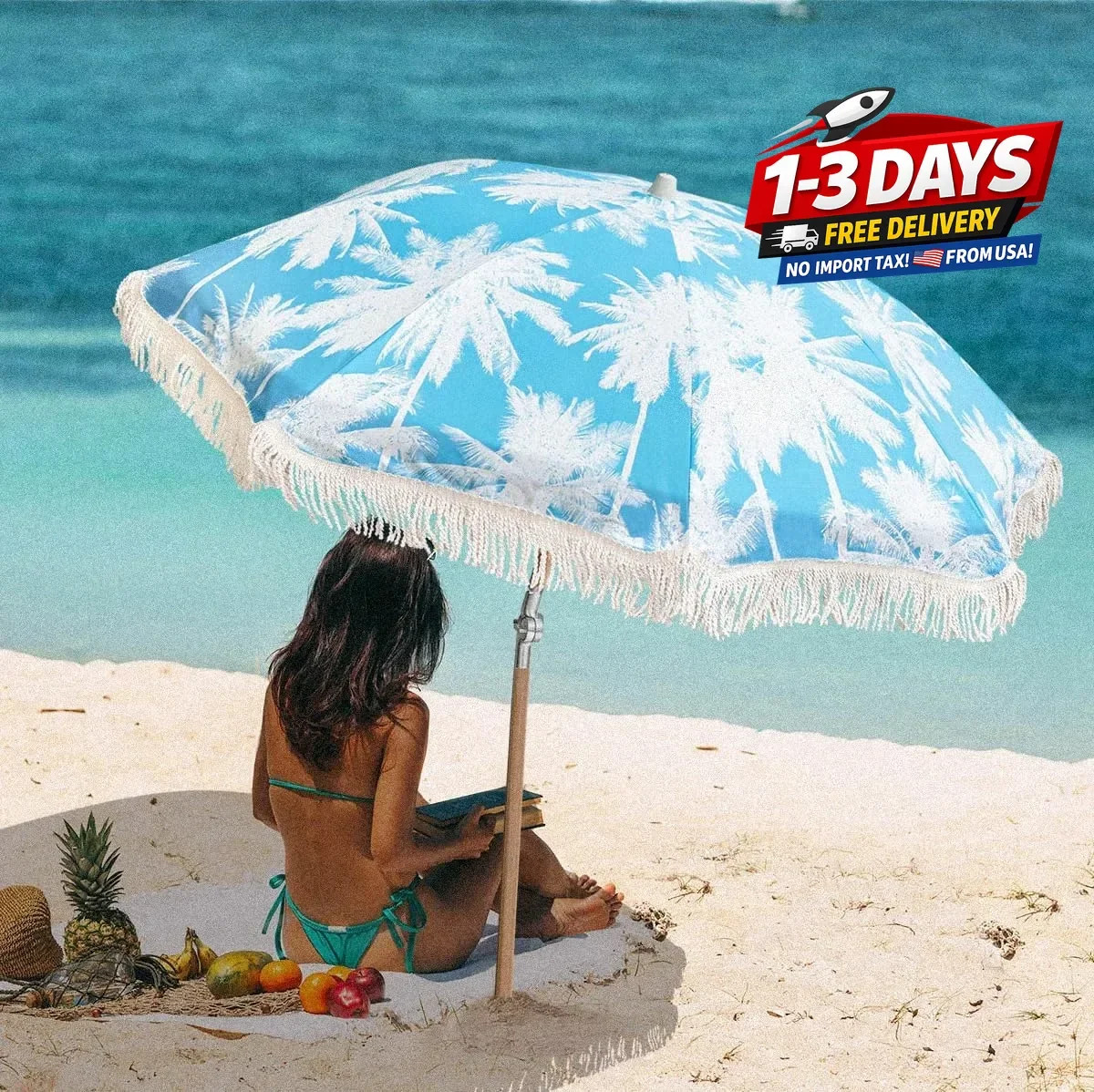 6.5Ft Boho Beach Umbrella with Fringe, Tassel Umbrellas with Tilting Wood Pole &