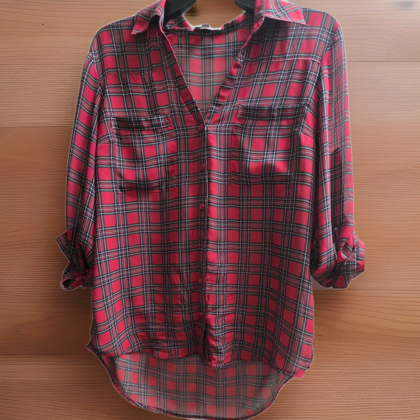 Express The Portofino M Shirt Red Black White Checks Top Button Up Blouse NWOT