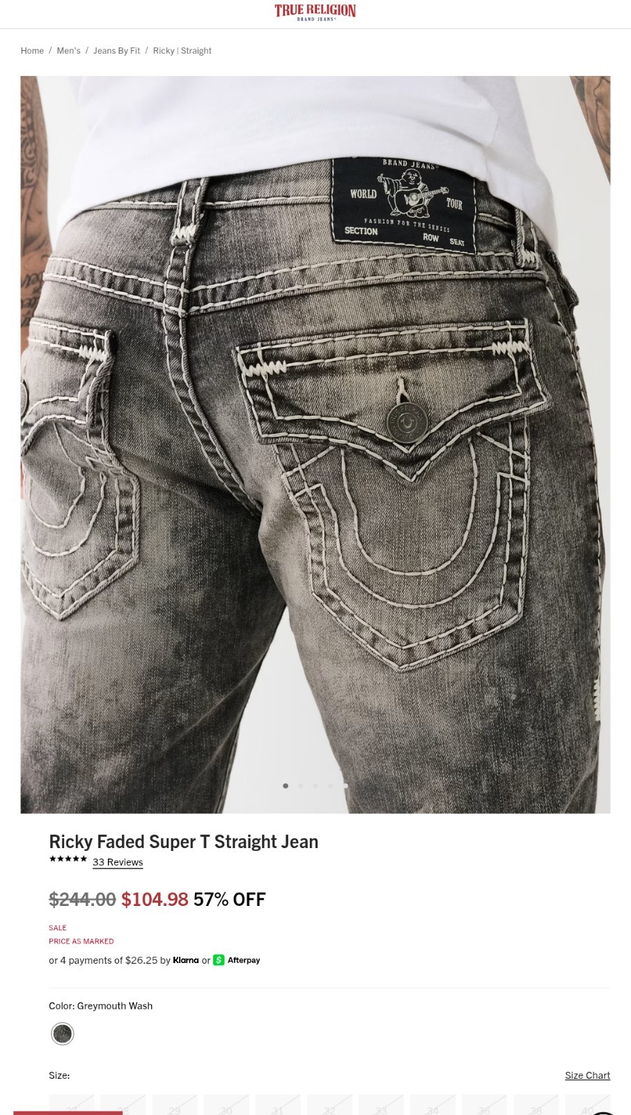 $239 True Religion Ricky Super T Faded Relaxed Straight Jeans Size 29