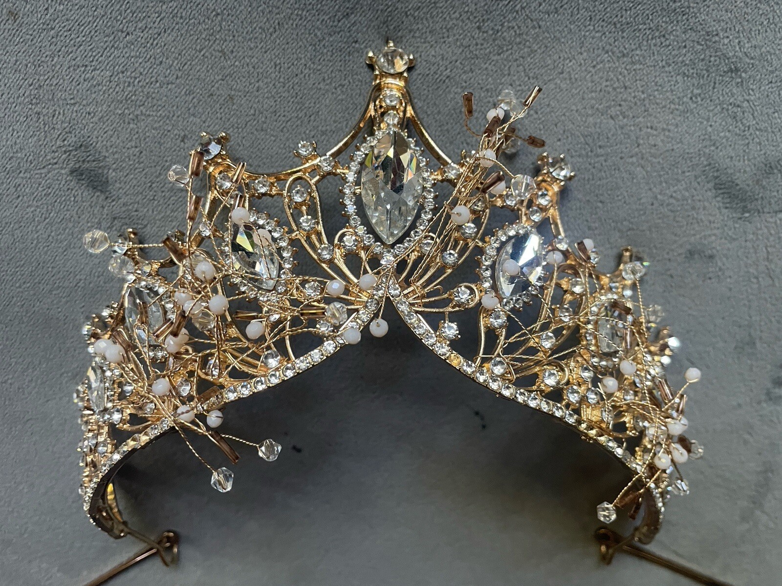 7.5cm Tall Crystal Beads Gold Tiara Crown Wedding Queen Prom Princess For Women