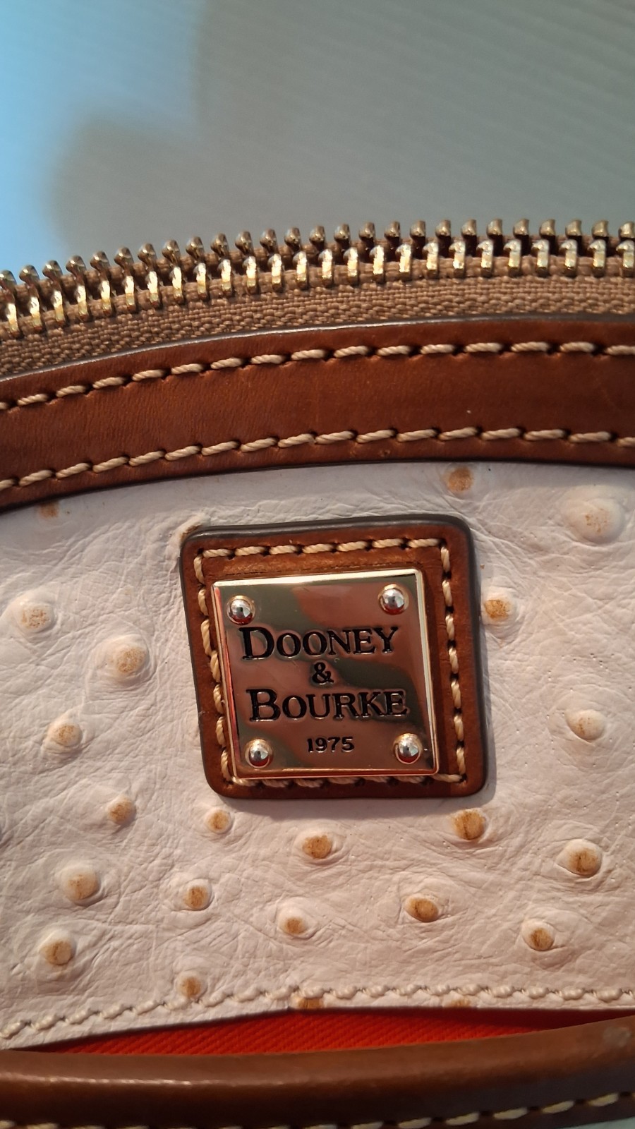Dooney & Bourke Ostrich Small Crossbody Bag in White/Brown Leather