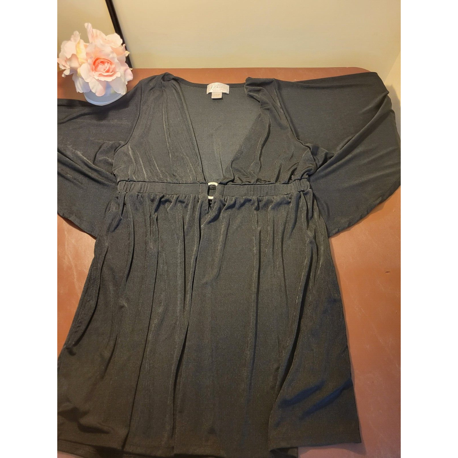 J. Valdi batwing Sleeve Tunic Top Black Slinky Plunge V-Neck Sheer 3/4 Sz Large