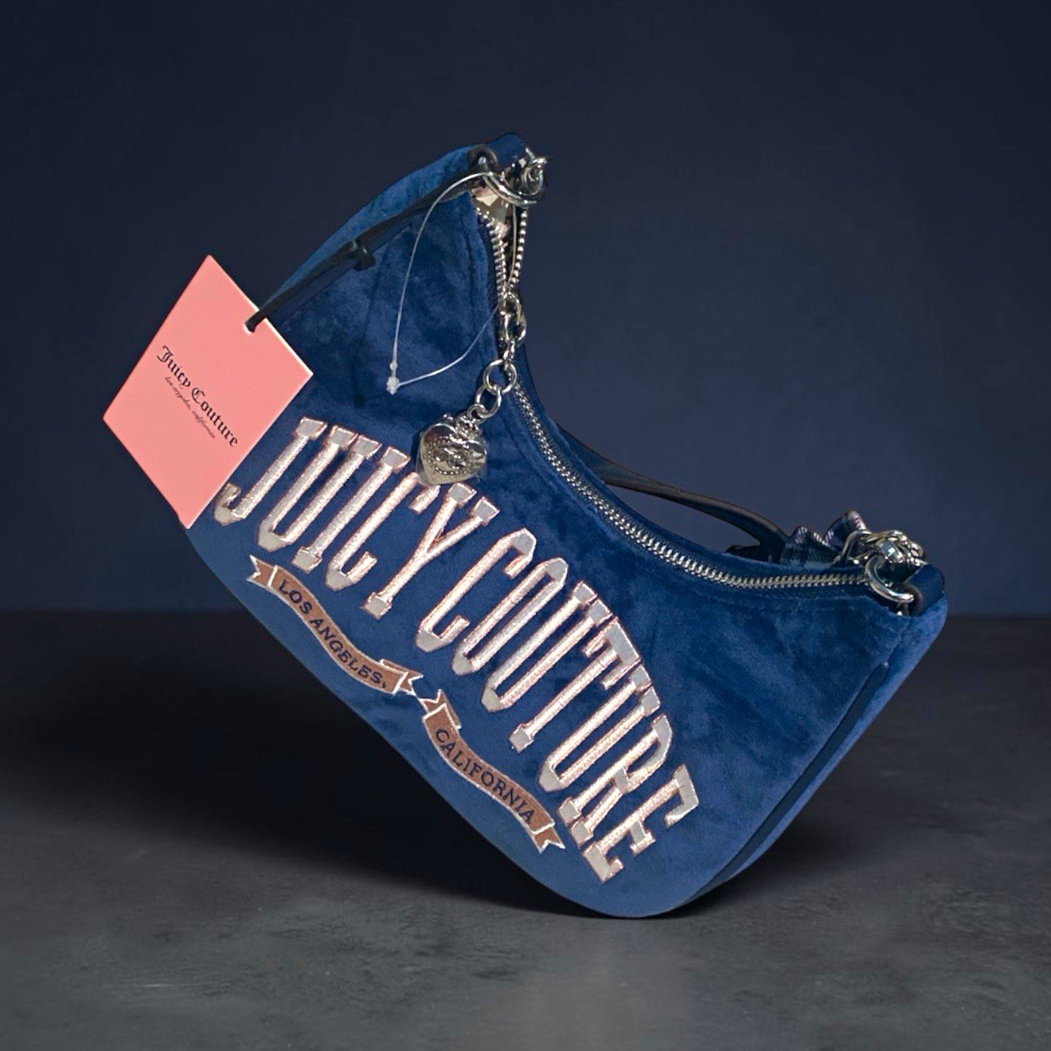 Juicy Couture Navy Logo Embroidered Shoulder Bag w/ Chain Strap, Charm, Zip