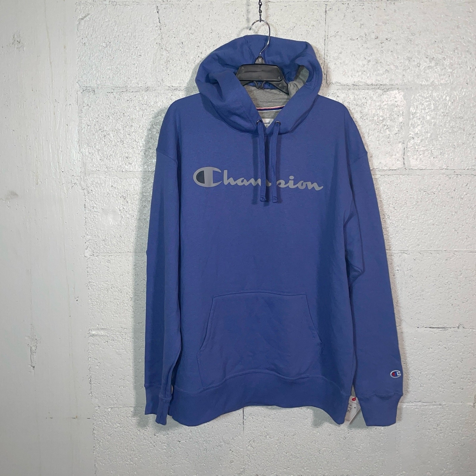 Champion Men’s Script Logo Powerblend Hoodie – Stone Crush Blue XL