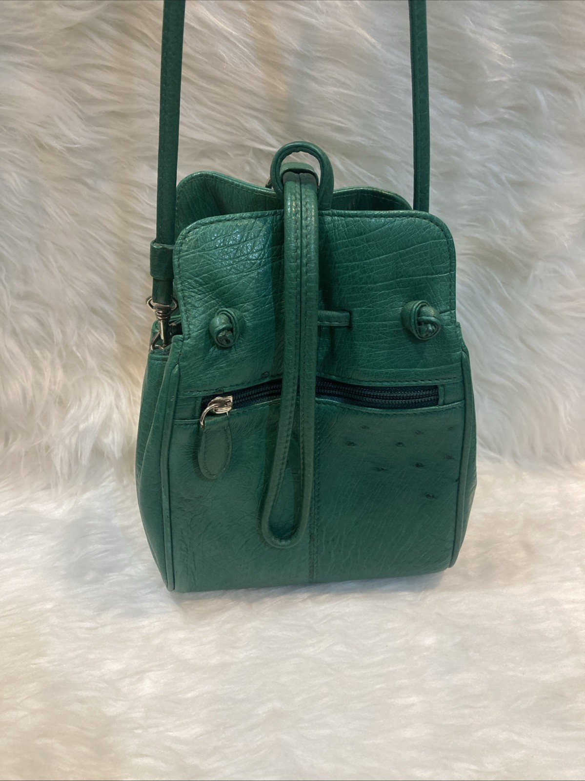Ostrich Leather Shoulder Bag Green Crossbody Purse Women’s 17cm Vintage