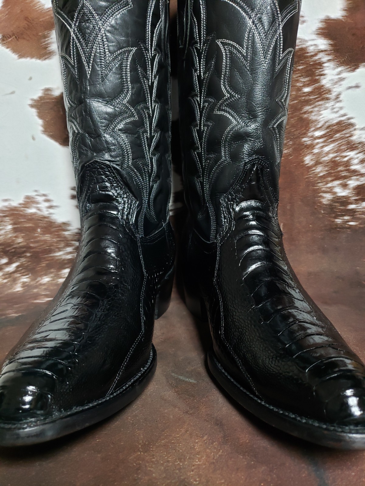 J Chisholm Vintage Genuine Ostrich Leg Black Western Cowboy Boots Mens 12 EE