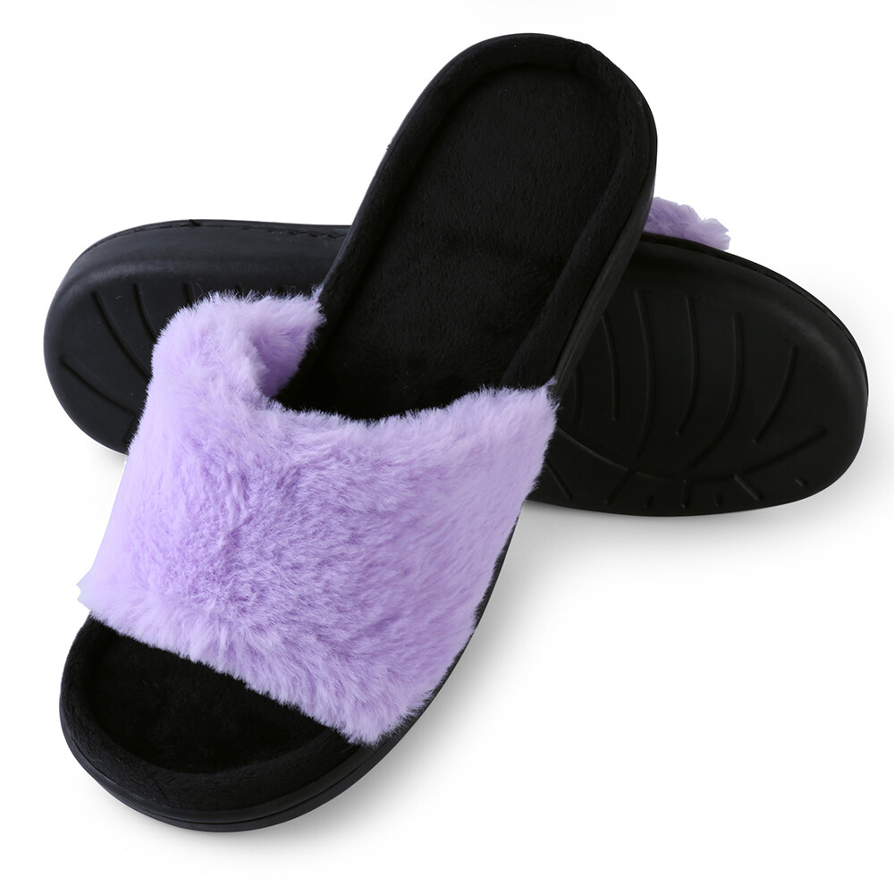 Aerusi Women Fuzzy Comfy Slide Open Toe Memroy Foam Slippers House Bedroom Shoes