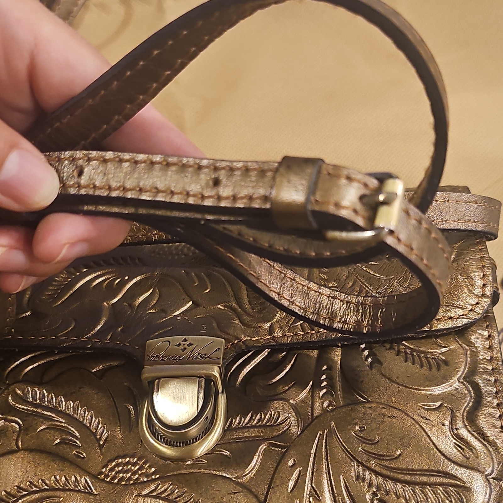 Patricia Nash Gold Floral Embossed Crossbody Bag Zip/Push Lock, Dust Bag