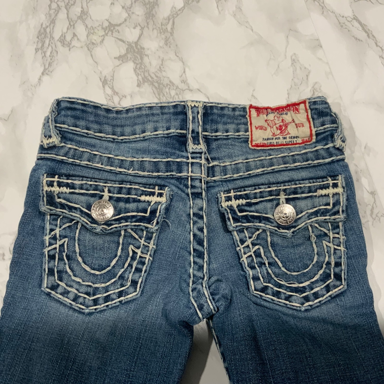 True Religion Girls Size 6 Bootcut Blue Jeans White Stitching Logo Billy Super T
