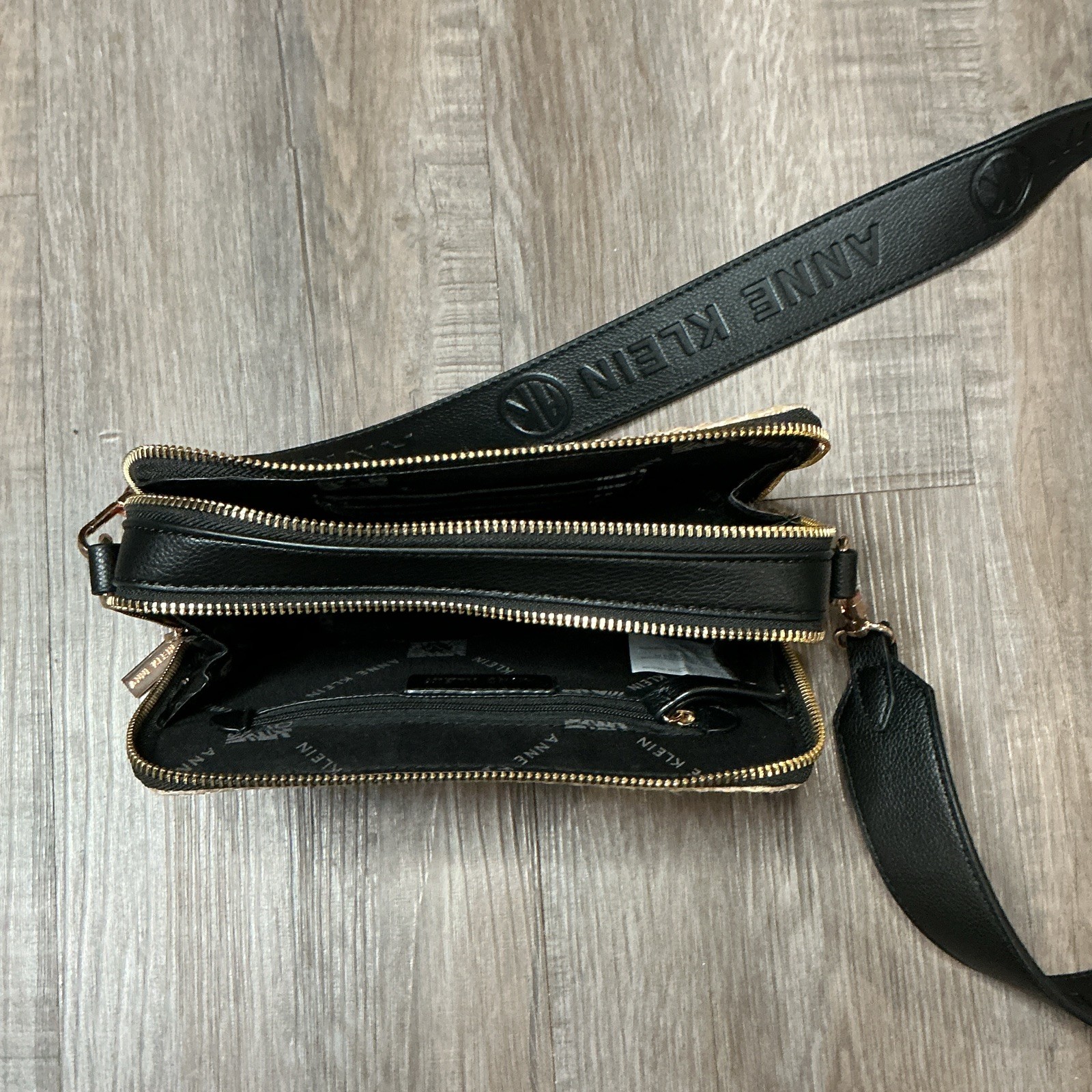Anne Klein Woven Black/Beige Crossbody Bag Double Zip, Detachable Strap