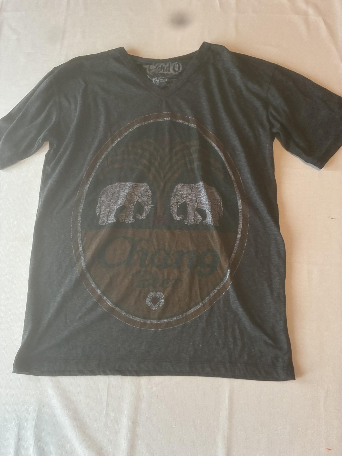 T and O Shirt Mens XL Gray Chang Beer Elephant Thailand Graphic V-Neck Tee