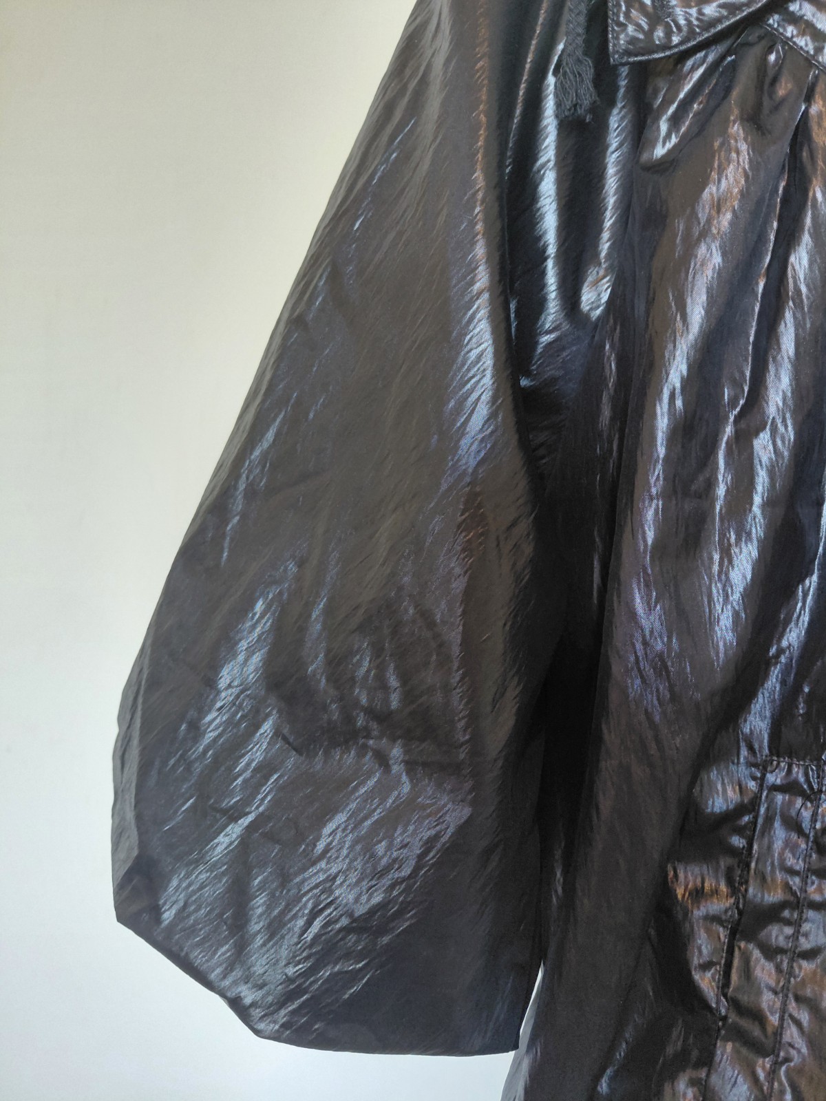 VTG Rosso Di Sera Italy Wet Look Shiny Black Jacket Hooded Y2K Cropped Balloon