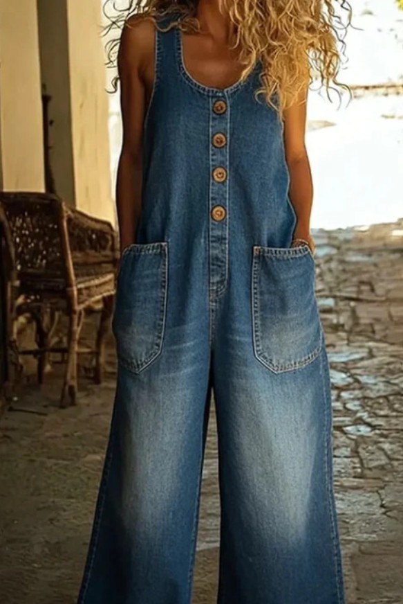 Women Vintage Denim Overall Jumpsuit Sleeveless Wide Leg Pocket Loose Jean Rompe
