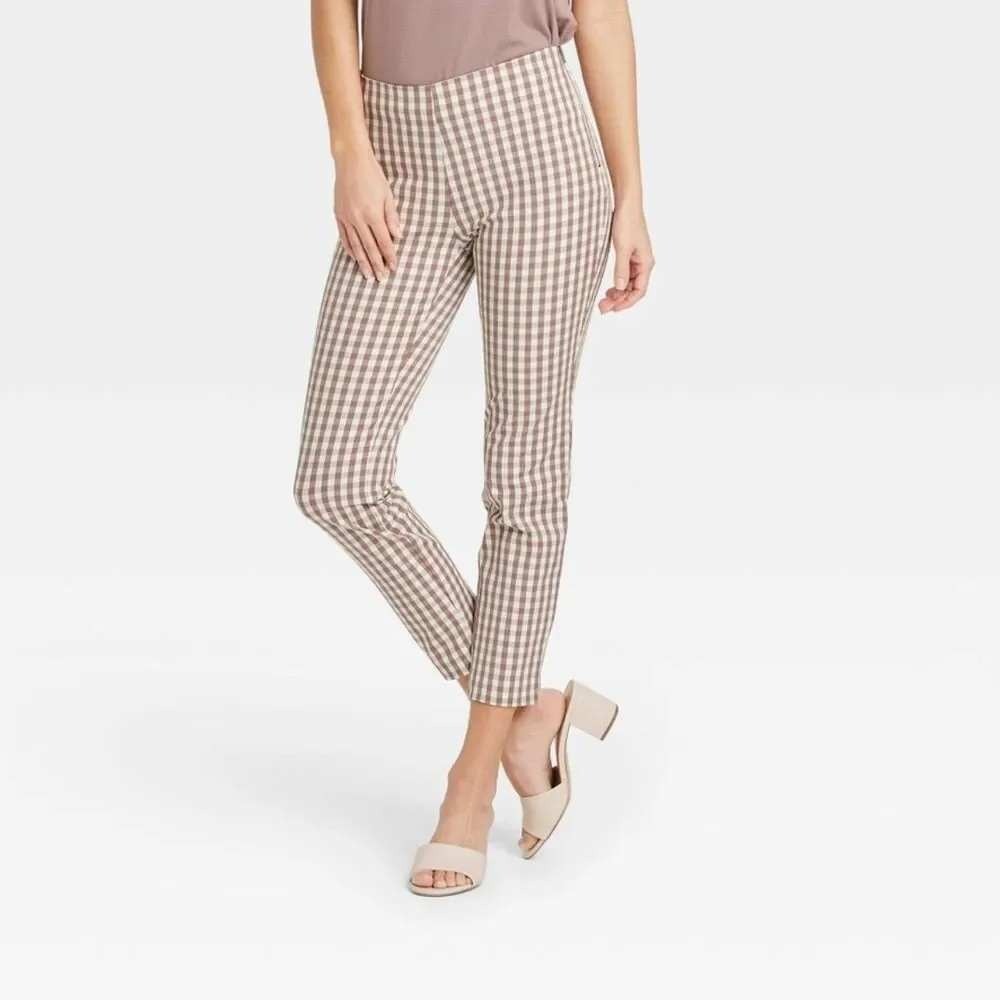 A New Day Brown Gingham High Rise Skinny Ankle Pants Womens Size 6 Side Zip