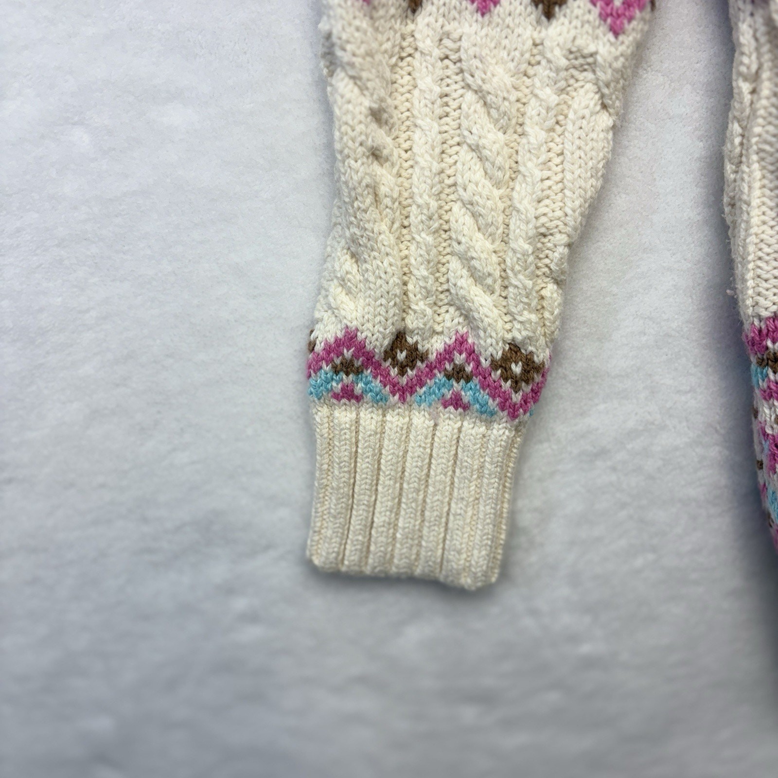 Lands End Fair Isle Cable Knit Sweater Tunic Ivory Pink Blue Women’s Size S