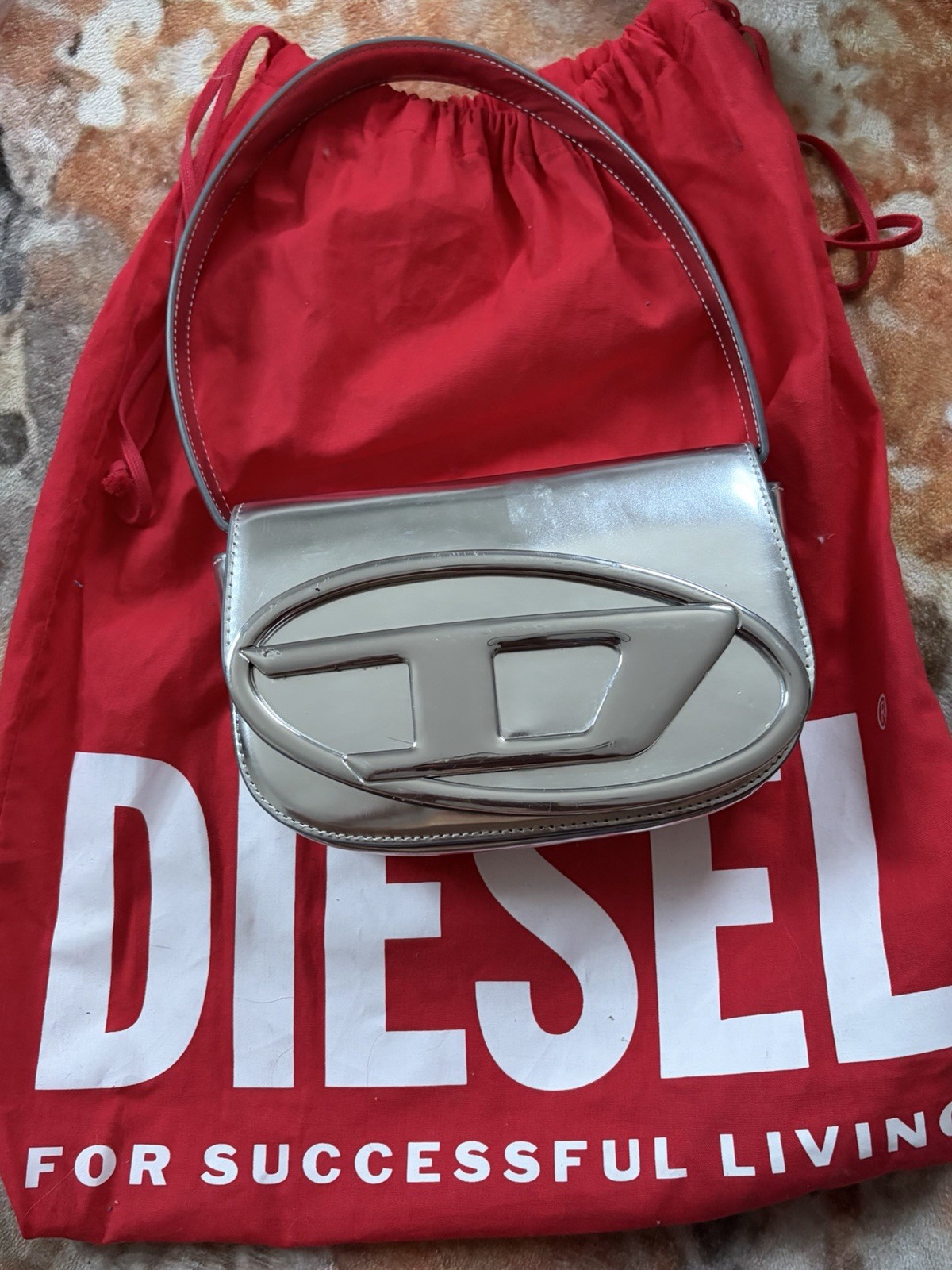 Diesel Silver Metallic Mini Top Handle Bag Logo Print Magnetic Closure