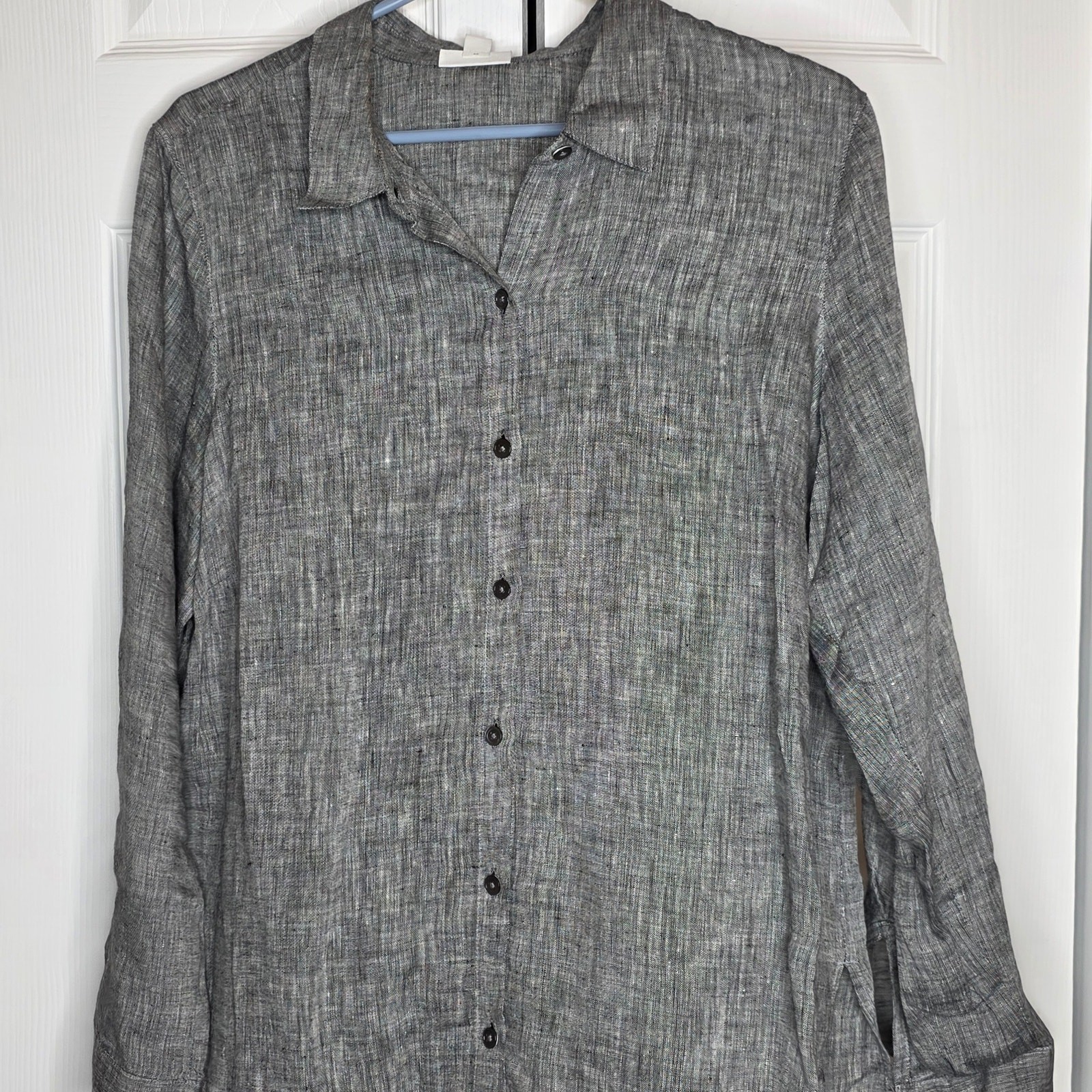 J. Jill Love Linen Gray Button Down Blouse Sz L Petite NWOT