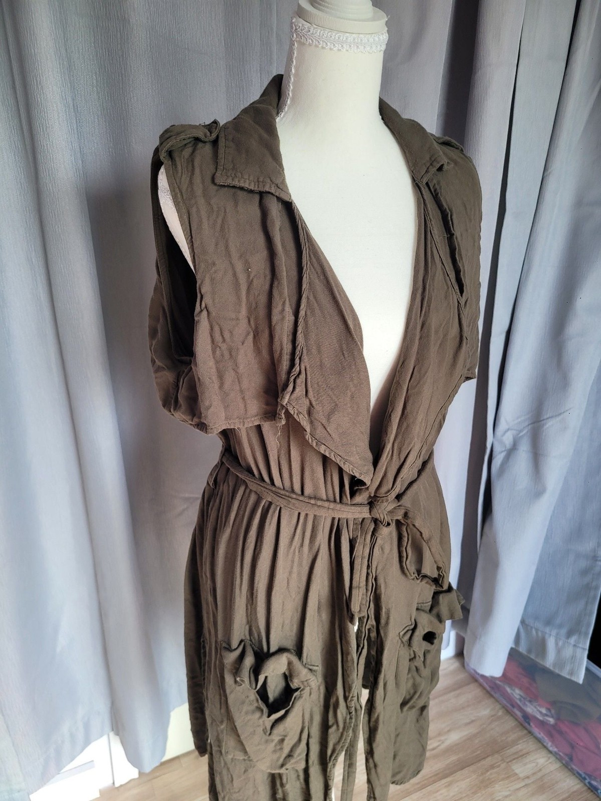 Olive Green Sleeveless Draped Trench Vest with Tie Belt
